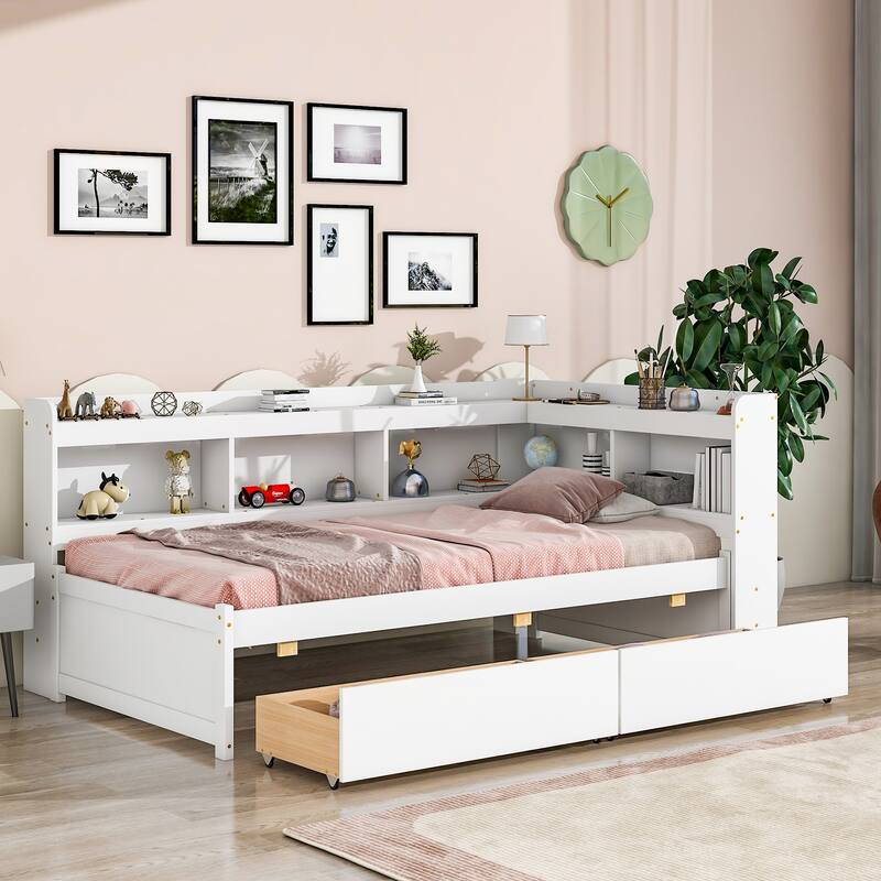 Full Bed with L-Shaped Bookcase and Storage Drawers, Space-Saving Design