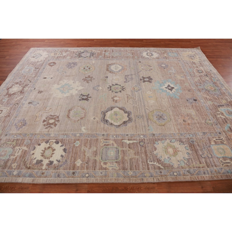 Hand Knotted Oriental 100% Wool Carpet Transitional All-Over Brown Oushak Area Rug - 10' 6'' X 8' 0''