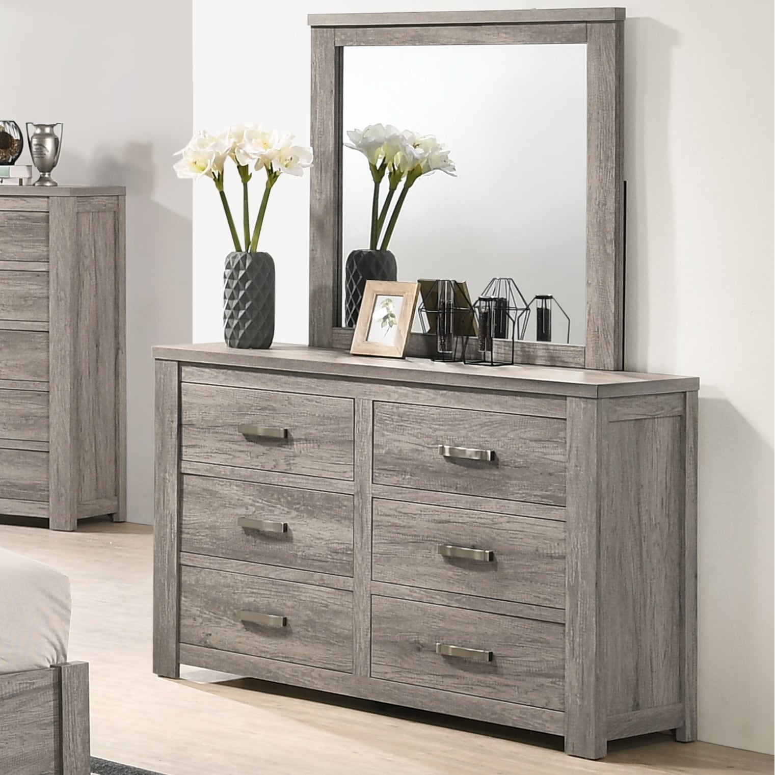 Roundhill Furniture Floren Contemporary Weathered Gray Wood 6-Drawer Dresser with Mirror