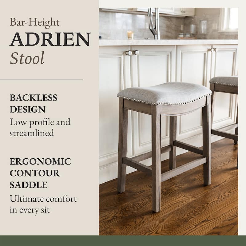 Maven Lane Adrien Backless Saddle Kitchen Counter Stool in Walnut Finish w/ Grey Fabric Upholstery