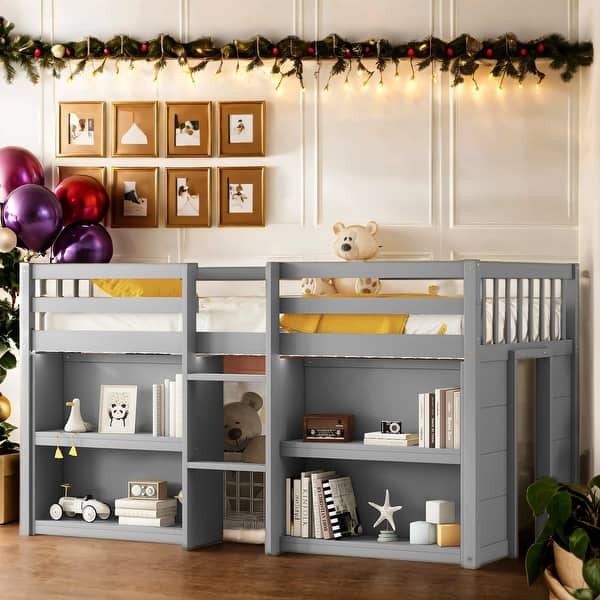 slide 2 of 6, Twin Size Kid Low Loft Bed with Two-Tier Shelves and Led Light Grey