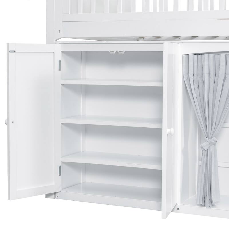 GDFStudio - UrbanGrow Modern Wooden Loft Bed with Storage Cabinet, Wardrobe and LED Light