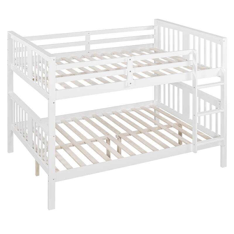 Full Over Full Bunk Bed with Ladder, Solid Wood Bunk Bed Frame with Safety Guardrail for Teens/Adults, Convertible into Two Beds