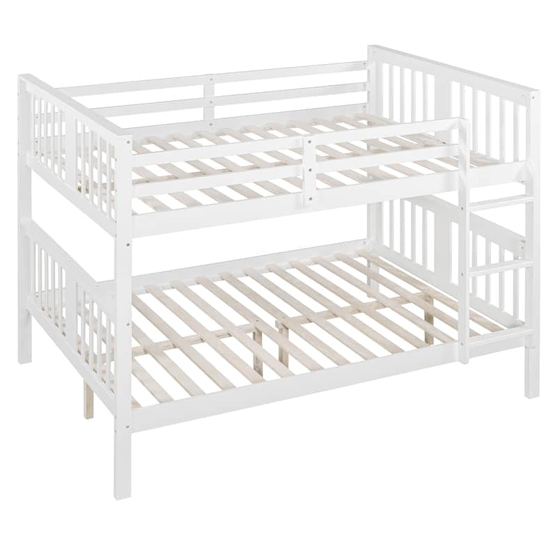 Full over Full Bunk Bed with Ladder, White, No Box Spring Needed, Solid Pine Wood Construction