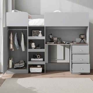 Full Size Loft Bed with Desk, Wardrobe, Drawers & Shelves, Wood Frame with Built-In Storage and Study Area