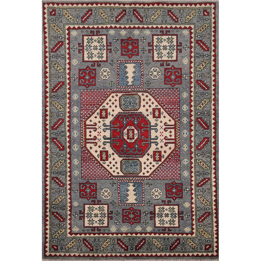 Geometric Kazak Accent Rug Hand-Knotted Wool Carpet - 3'4" x 4'10"