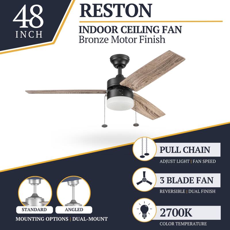 48" Prominence Home Reston Bronze Farmhouse LED Ceiling Fan with Light, Pull Chain - 48