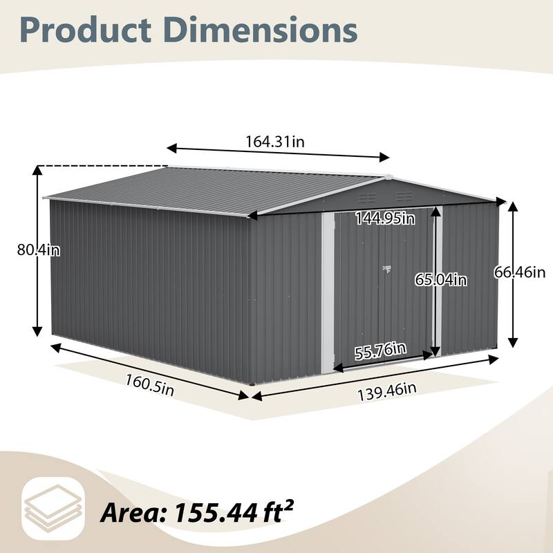 GDFStudio - Cassandra Large Outdoor Metal Storage Shed with Lockable Doors for Secure Vehicle and Equipment Storage