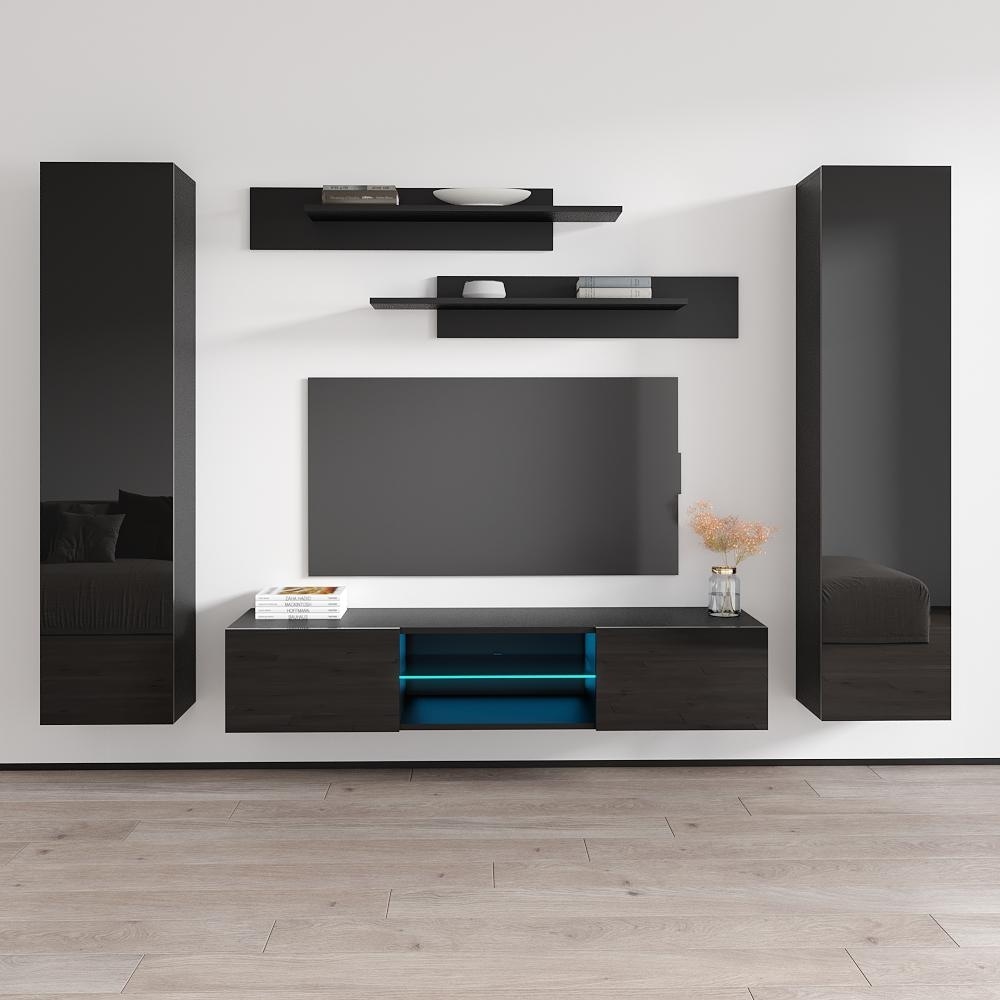 Meble Furniture Fly AB1 Wall Mounted Floating Modern Entertainment Center (102"W x 67"H) with LED Lights for up to 70" TVs