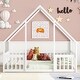preview thumbnail 2 of 10, White Full Size Pine Wood House-Shaped Floor Bed with Fence and Roof