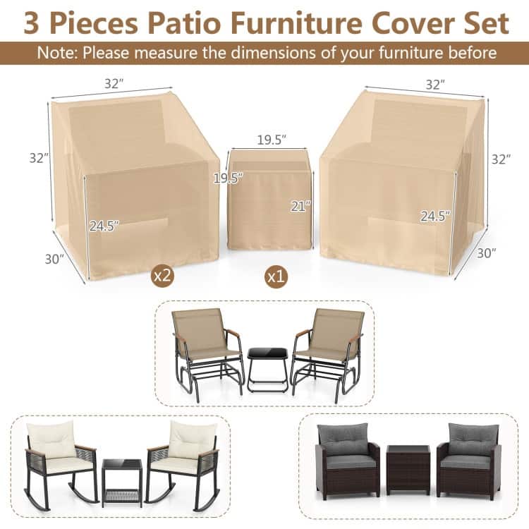 Beige Polyester PU 3 Piece Patio Furniture Cover Set Outdoor - 32" x 30" x 24.5"