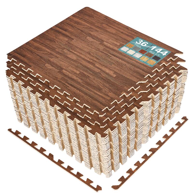 Sorbus 144 Sq. Ft. Wood Grain Floor Tiles Foam Mat EVA Interlocking Mats Tile 3/8-Inch Thick Flooring Wood Puzzle Exercise Mats - Dark Brown Wood Grain