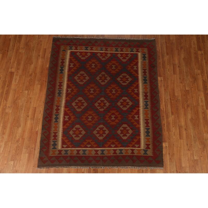 Tribal Geometric Kilim Area Rug Hand-woven Oriental Wool Carpet - 5'5" x 6'7"