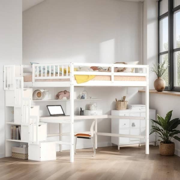 slide 2 of 24, Kid-Friendly Design Full Size Loft Bed with Desk and Drawers White
