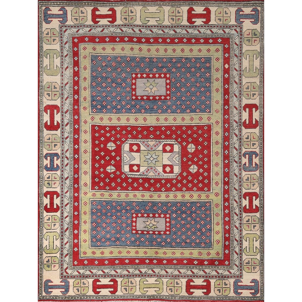 Geometric Kazak Area Rug Handmade Bedroom Wool Carpet - 4'11" x 6'6"
