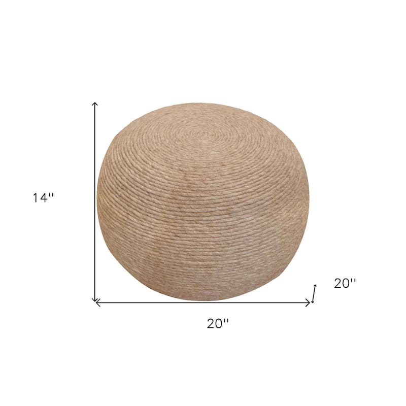 20" Beige Wool Round Ribbed Pouf Ottoman