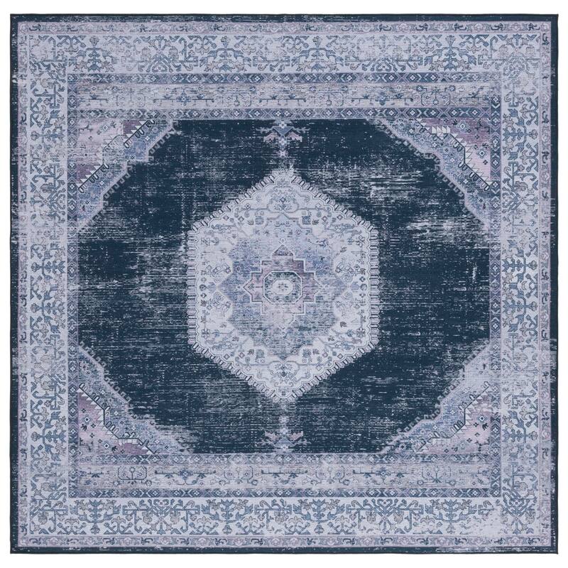 SAFAVIEH Tucson Machine Washable Slip Resistant Liddie Traditional Rug - 6' Square - Black/Beige