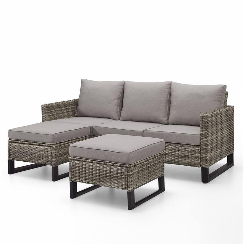 3 Pieces Outdoor Wicker Sofa with Ottomans Grey - Grey