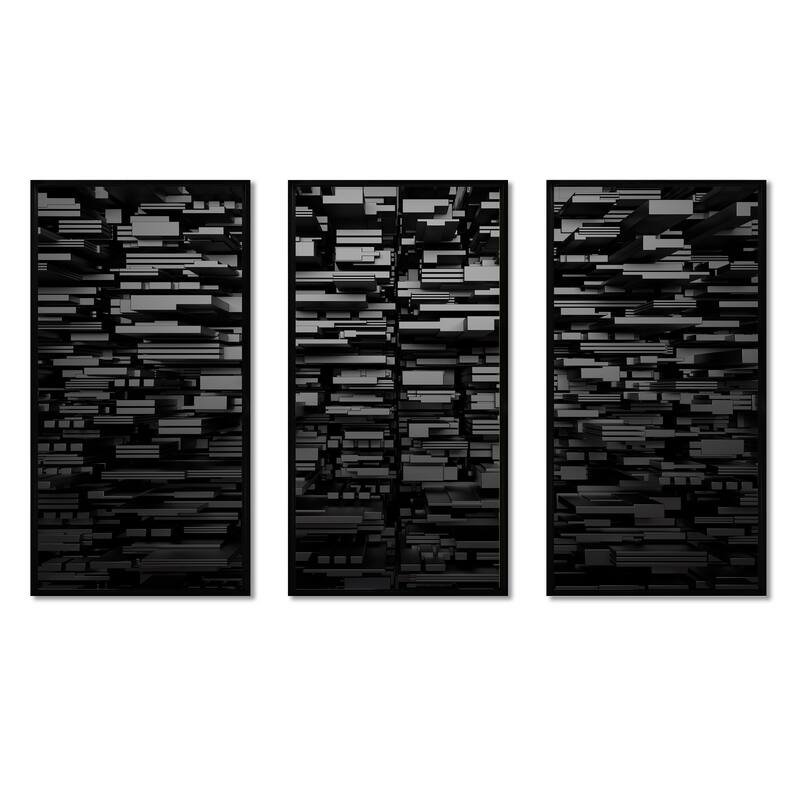 Designart "Black 3D Geometric Background" Abstract Framed Artwork Set of 3 - 4 Colors of Frames