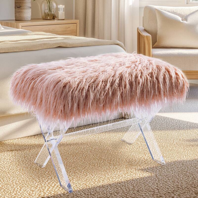 Glitzhome Modern Faux Fur Acrylic Accent Bench Ottoman