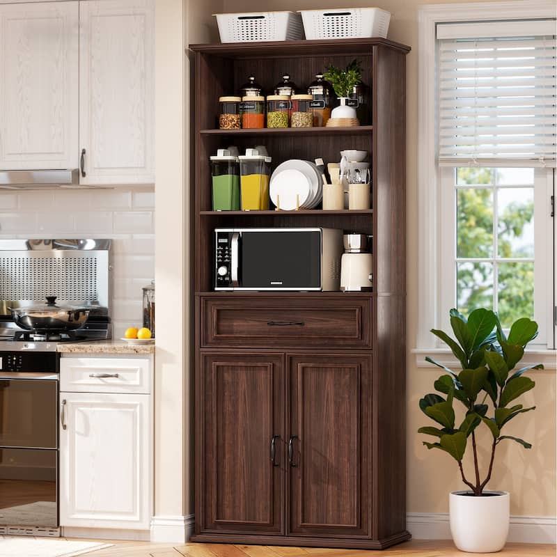 Farmhouse 25'' Kitchen Pantry Cabinet with Drawer ＆ Doors, Freestanding Cupboard with Storage Shelves for Kitchen, Dining Room - Black Walnut