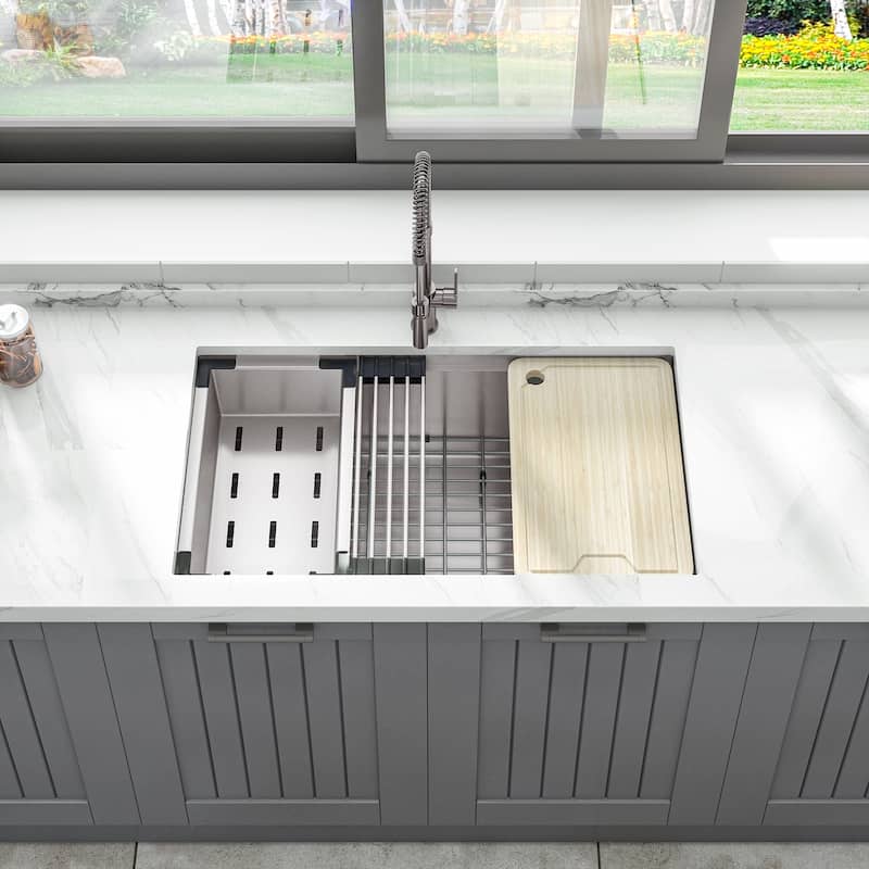 Sinber Undermount Single Bowl 304 Stainless Steel Kitchen Sink -  32" x 19" x 10"(Workstation) - Silver
