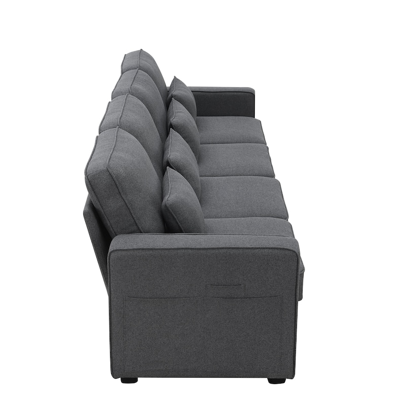 104" 4-Seater Modern Linen Fabric Sofa with Armrest Pockets and 4 Pillows