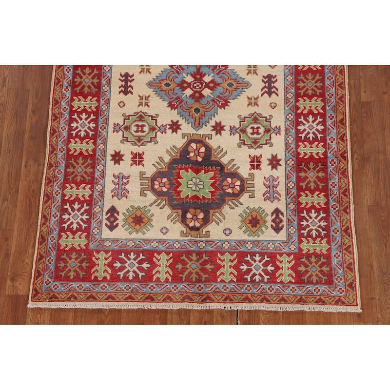 Traditional Kazak Area Rug Handmade Beige Geometric Wool Carpet - 3'11" x 5'11"