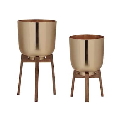 Modern Set of 2 Gold Metal Indoor Decorative Planters with Wood Tripod Stand Ideal for Home or Office - 10.5”L x 10.5”W x 21”H