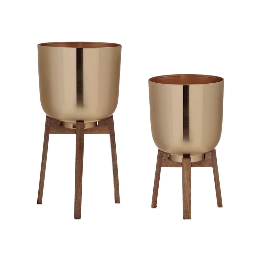 Modern Set of 2 Gold Metal Indoor Decorative Planters with Wood Tripod Stand Ideal for Home or Office - 10.5”L x 10.5”W x 21”H