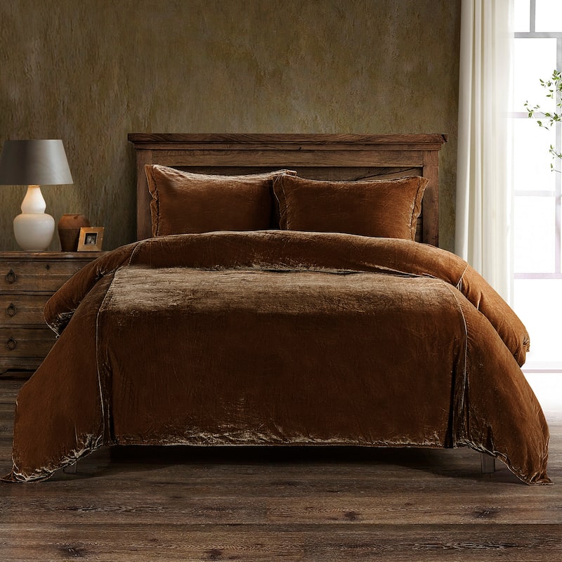 HiEnd Accents Stella Faux Silk Velvet Romantic Western 3 Piece Duvet Cover Set - Copper Brown - King