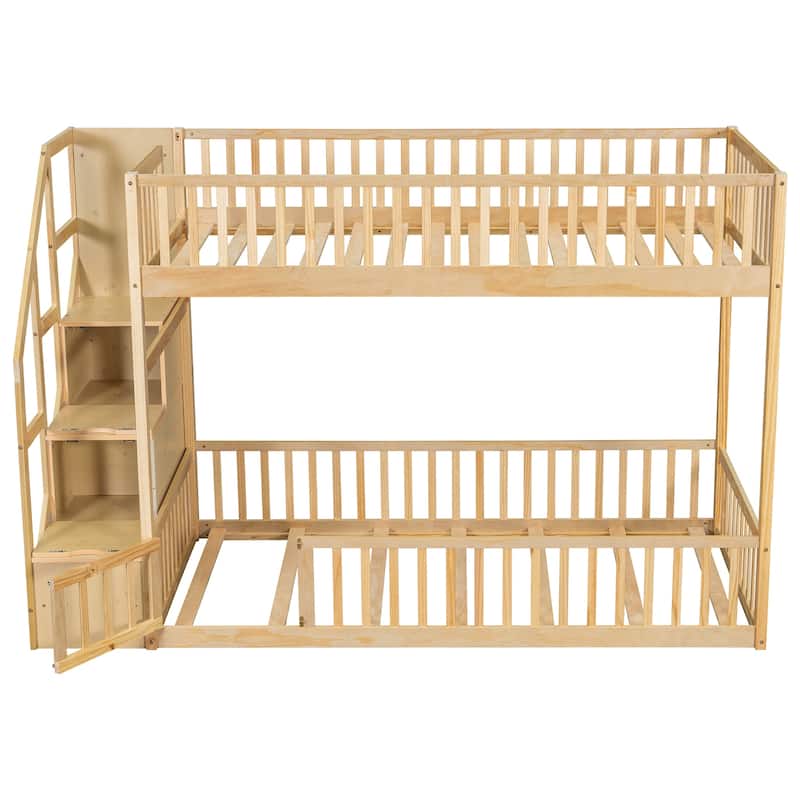 Twin Over Twin Floor Bunk Bed Frame with Storage Stairs and Door