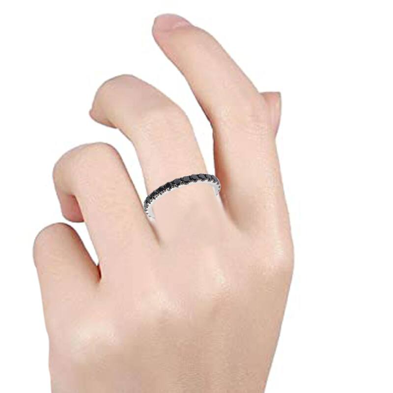 925 Sterling Silver Black Spinel and White Natural Zircon Gemstone Eternity Band Ring