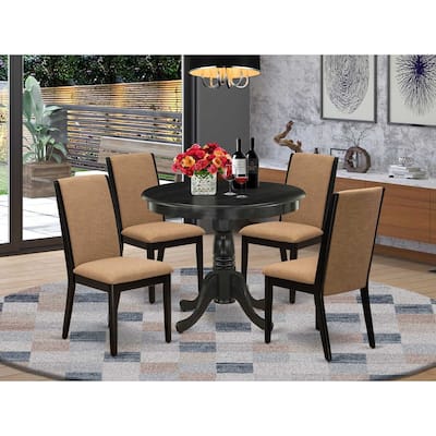 HomeStock 5-Piece Round Wirebrushed Black Finish Solid Wood Top Dining Table with 4 Parson Chair with Lattice Back