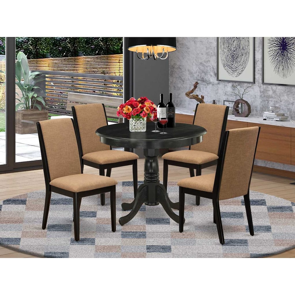 HomeStock 5-Piece Round Wirebrushed Black Finish Solid Wood Top Dining Table with 4 Parson Chair with Lattice Back