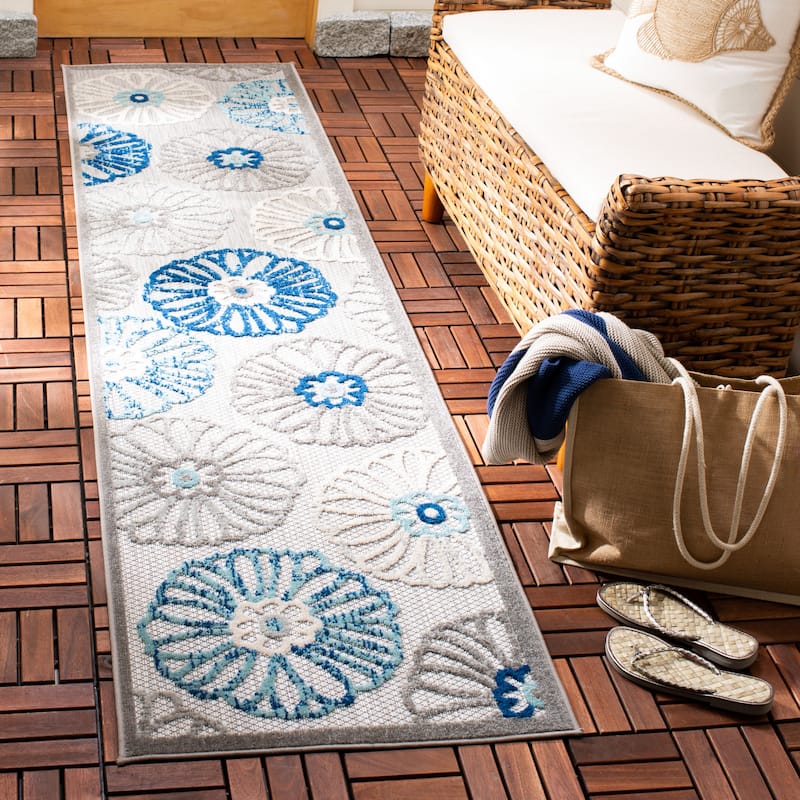 SAFAVIEH Cabana Rajni Indoor/ Outdoor Waterproof Patio Floral Rug - 2' x 8' Runner - Grey/Blue