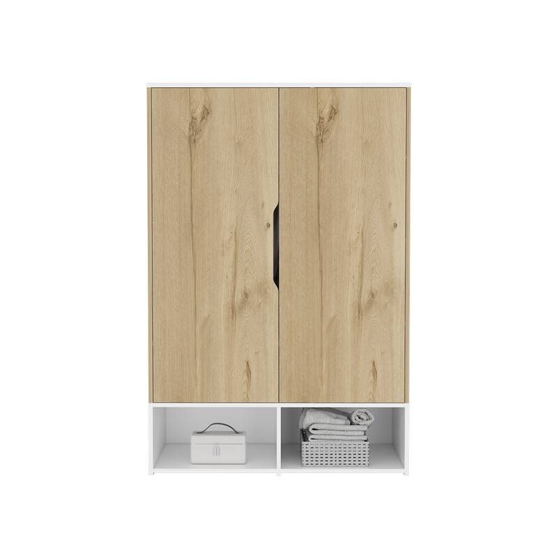 19.69" Modern Double-door Armoire with Hanging Rod, Five Internal Shelves and Two Open Shelves