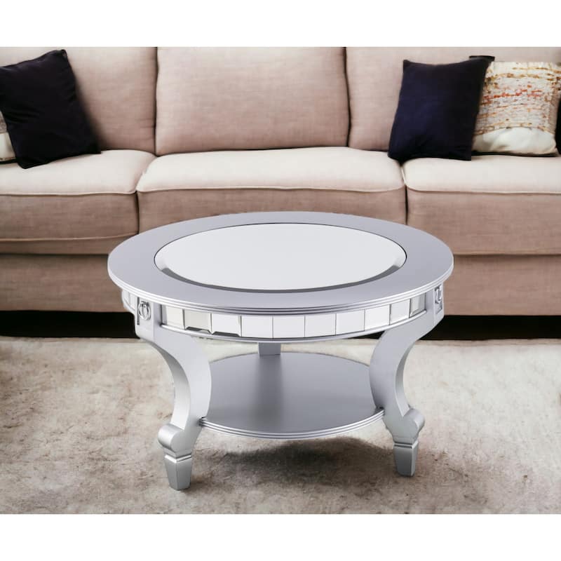 29" Silver Mirrored Round Coffee Table with Metal Frame and Modern Design - 29” x 29” x 18.5”