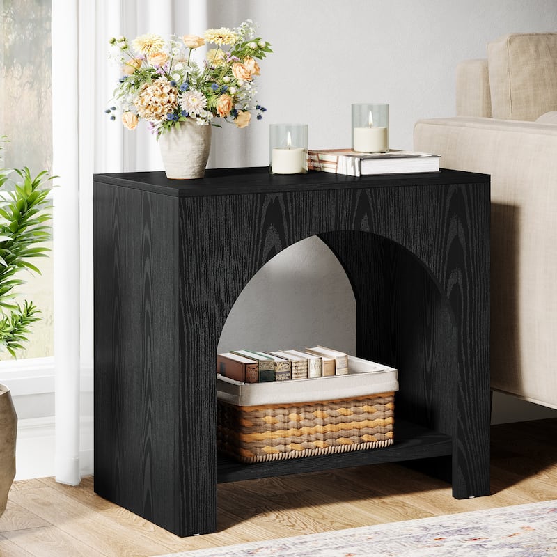 Farmhouse Side Table with Storage, Large Wooden Pedestal End Table - Black - 1 Pack