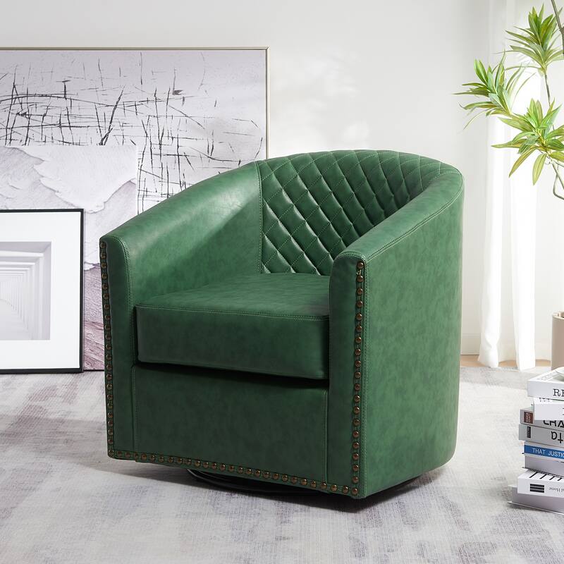 KINWELL 29" Wide Tufted PU Leather Swivel Barrel Chair