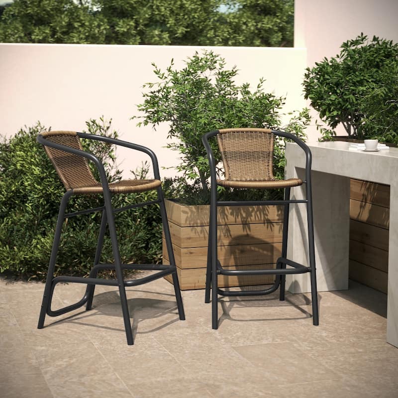 Commercial Indoor-Outdoor Rattan Restaurant Barstool with Aluminum Frame-Set of 2 - Medium Brown
