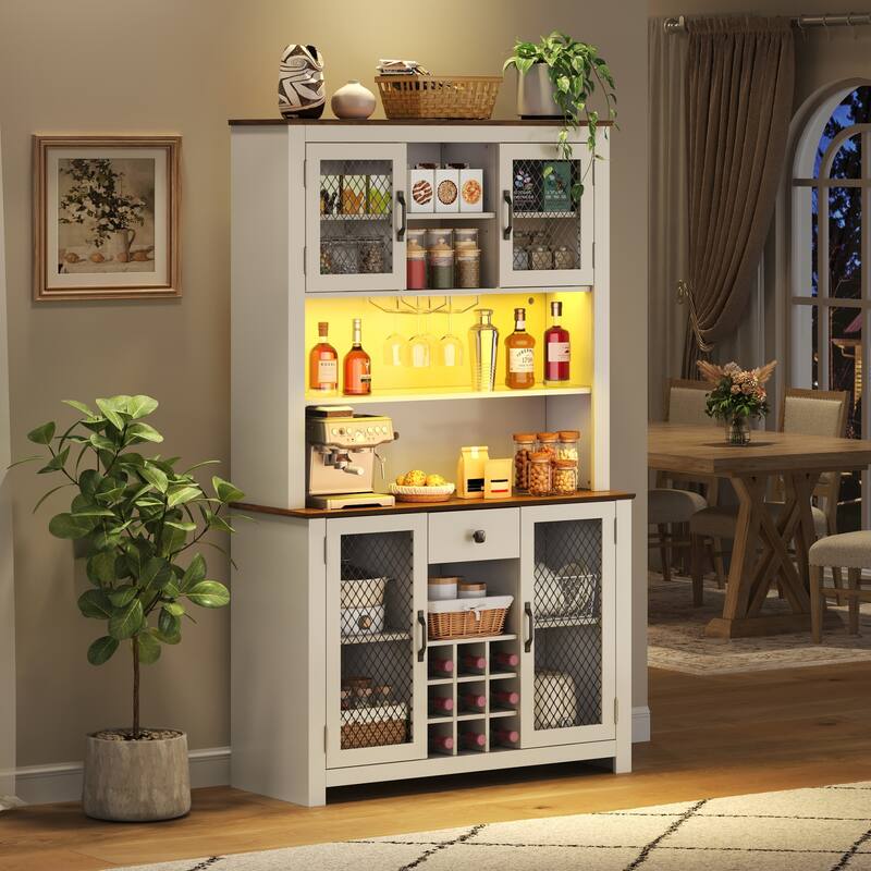 Kitchen Pantry Cabinet with LED Light, Built-in Power & USB Outlets, Kitchen Hutch Cabinet with Doors, Wine Rack & Shelves