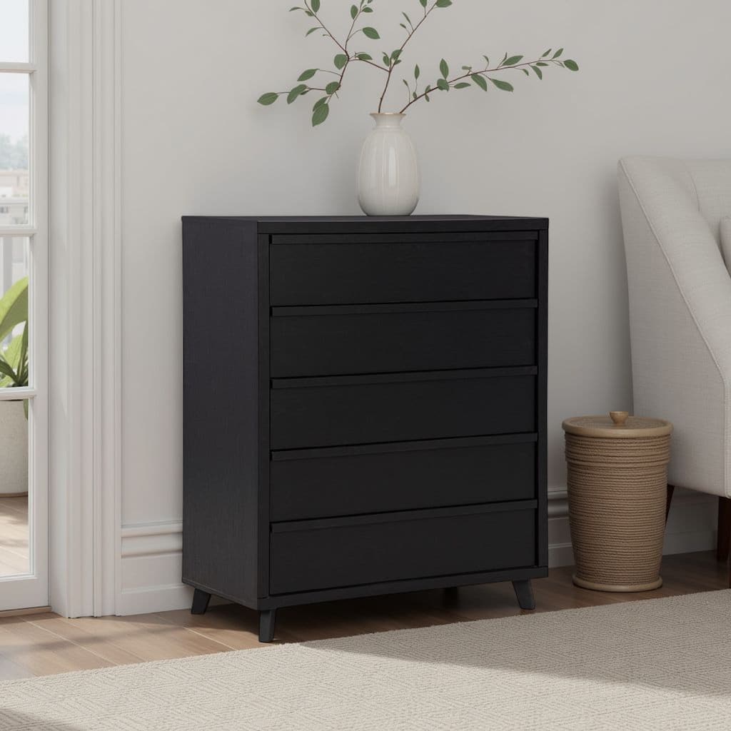 Danzi Tall Dresser Chest, 5 Storage Drawers, Modern Black Laminate
