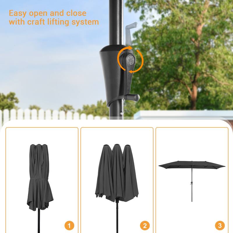 LIVOOSUN 10 x 6.5Ft Large Double-Sided Rectangular Outdoor Patio Market Umbrella with Crank, Gray
