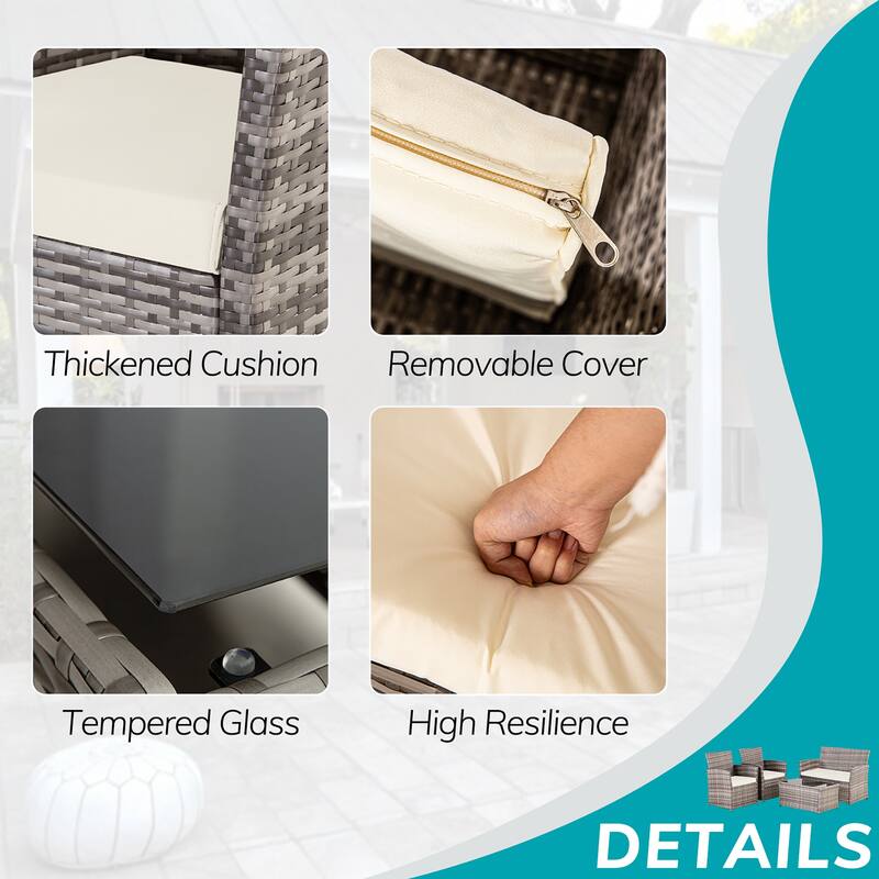 4-Piece Wicker Outdoor Sofa Set, 1 Loveseats, 2 Single Sofas, 1 Table