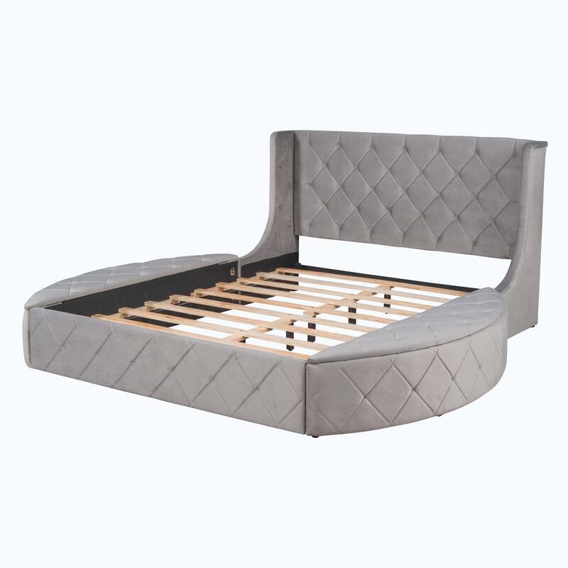 Queen Size Upholstered Platform Bed with Wingback Headboard and 1 Big Drawer,2 Side Storage Stool