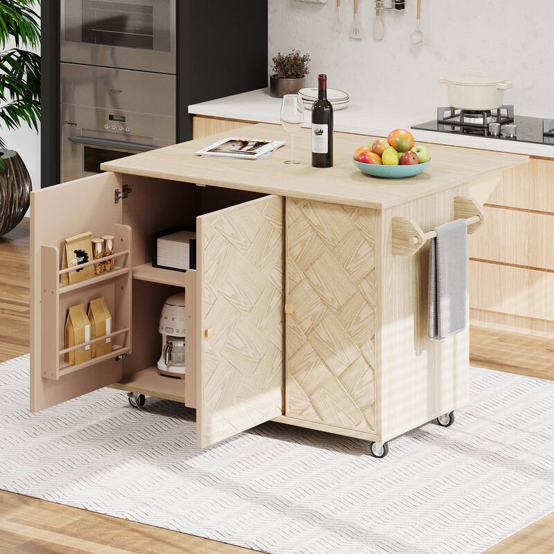 Coastal Kitchen Island with Handwoven Ash Veneer, Drop Leaf, Rolling Storage Cart & Adjustable Shelves