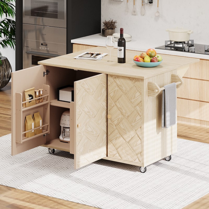 Modern 51.2" Kitchen Island with Drop Leaf and Handwoven Ash Veneer Doors, Internal Storage Racks on Wheels