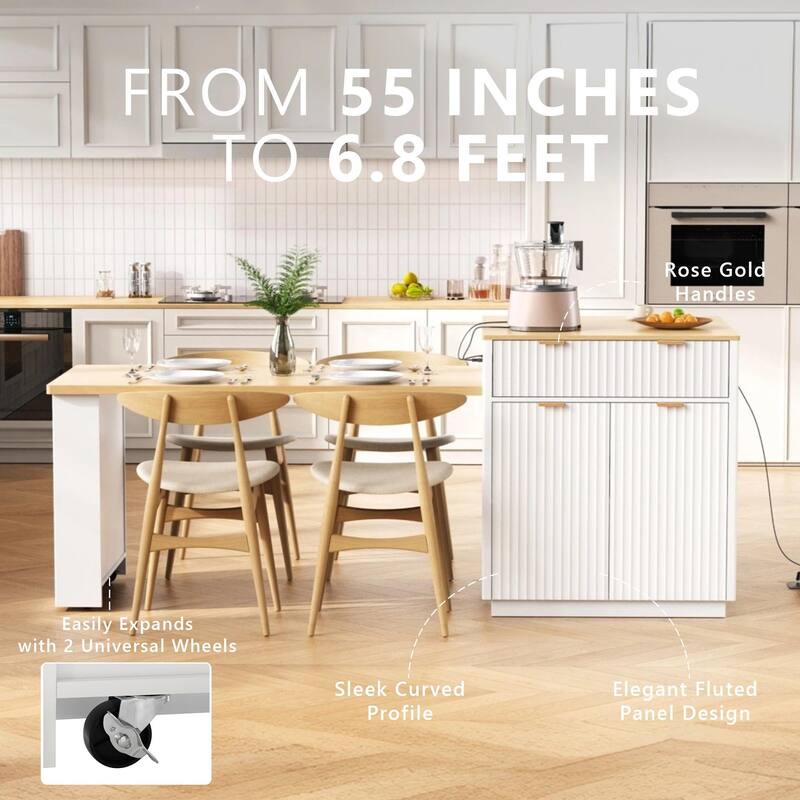 82.6" Fluted Kitchen Island with Extendable Dining Table for 4-6, Island Table for Kitchen with Power Outlet