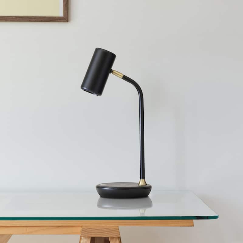 Brightech Ezra 16.5 in. Classic Black Dimmable LED Industrial Desk Lamp with Wireless Charging Pad and Adjustable Lamp Head